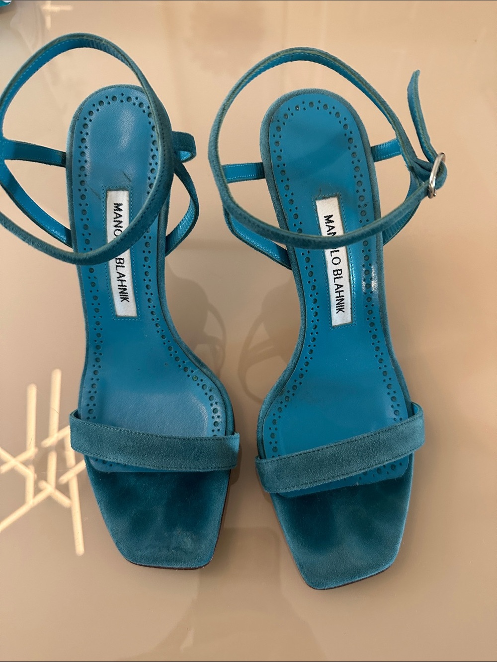Manolo Blahnik Teal Suede Strappy Square-Toe Sandals - Picture 4 of 4